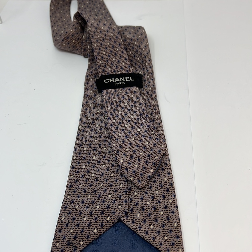 Chanel Vintage Silk Tie Taupe Blue Cream - Picture 6 of 7